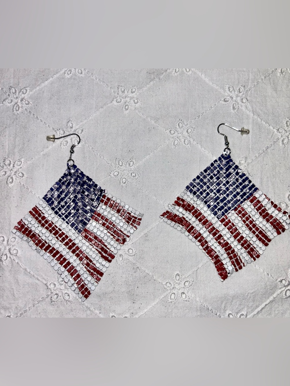 Metal mesh  American Flag Dangle Earrings - Red White Blue